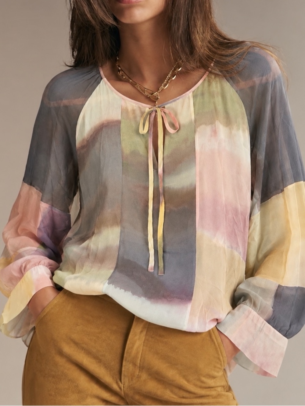 Ecru Watercolor Print Blouse Sheer Pastel Tie-Neck Top Romantic Boho Size Small